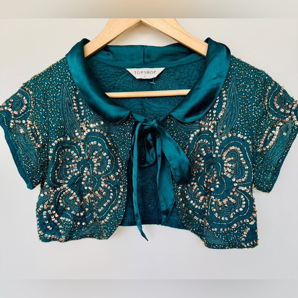 Topshop Teal Sequin Floral Crop Top - Picture 1 of 7